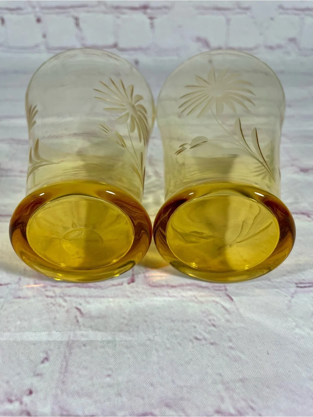 Vintage Amber Glass Etched Floral Tumbler Pair